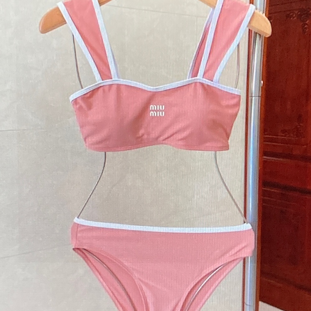 Miu Miu Pink Girls' Ribbed One-Piece Style Swimsuit with White Trim